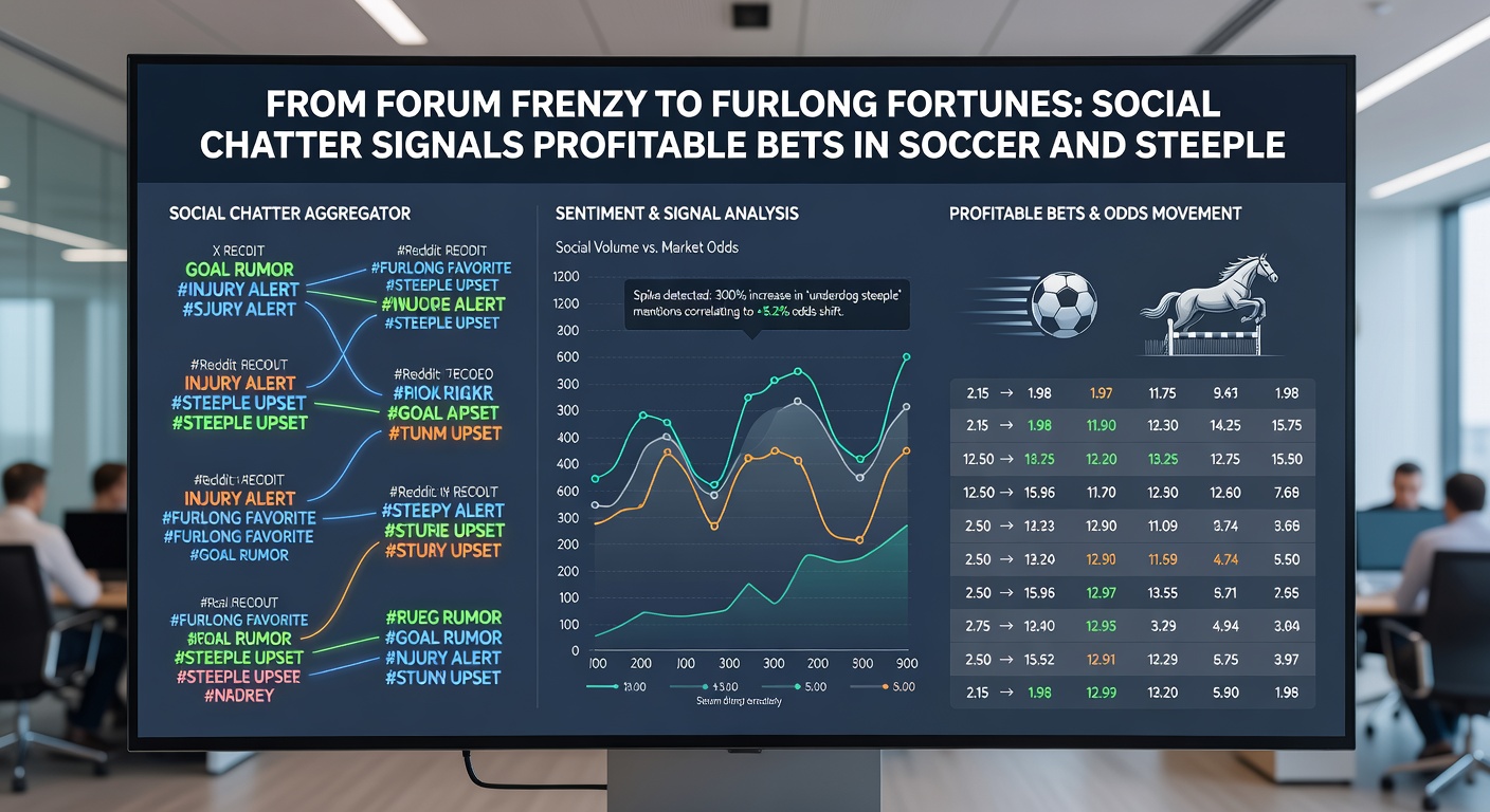 Data visualization chart showing social media sentiment spikes overlaid with soccer odds movements and steeplechase race payouts, highlighting profitable intersections