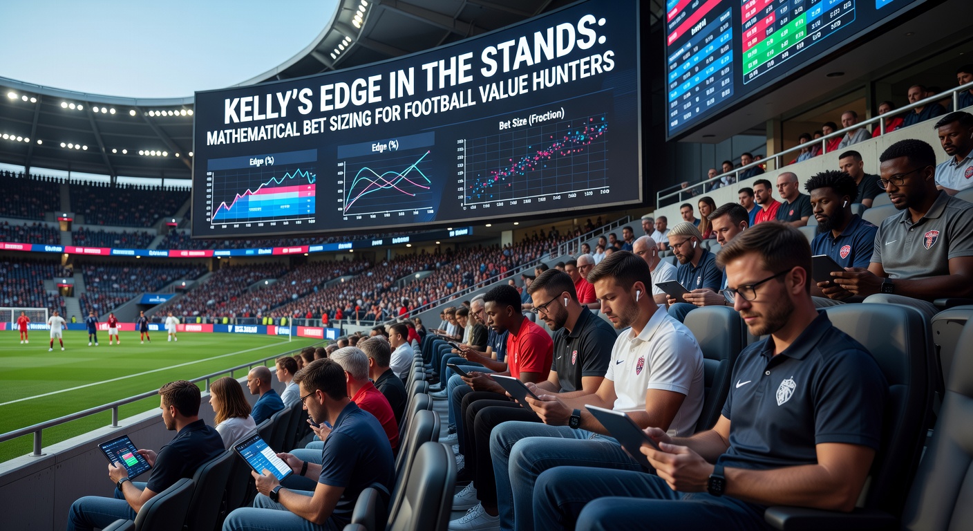 Football stadium crowd with overlaid mathematical formulas demonstrating Kelly bet sizing during a live match