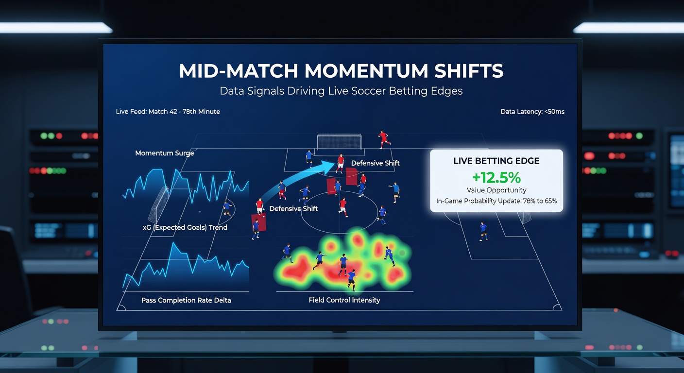 Dynamic graph illustrating a sudden momentum shift in a live soccer match, with rising lines for shots and xG metrics