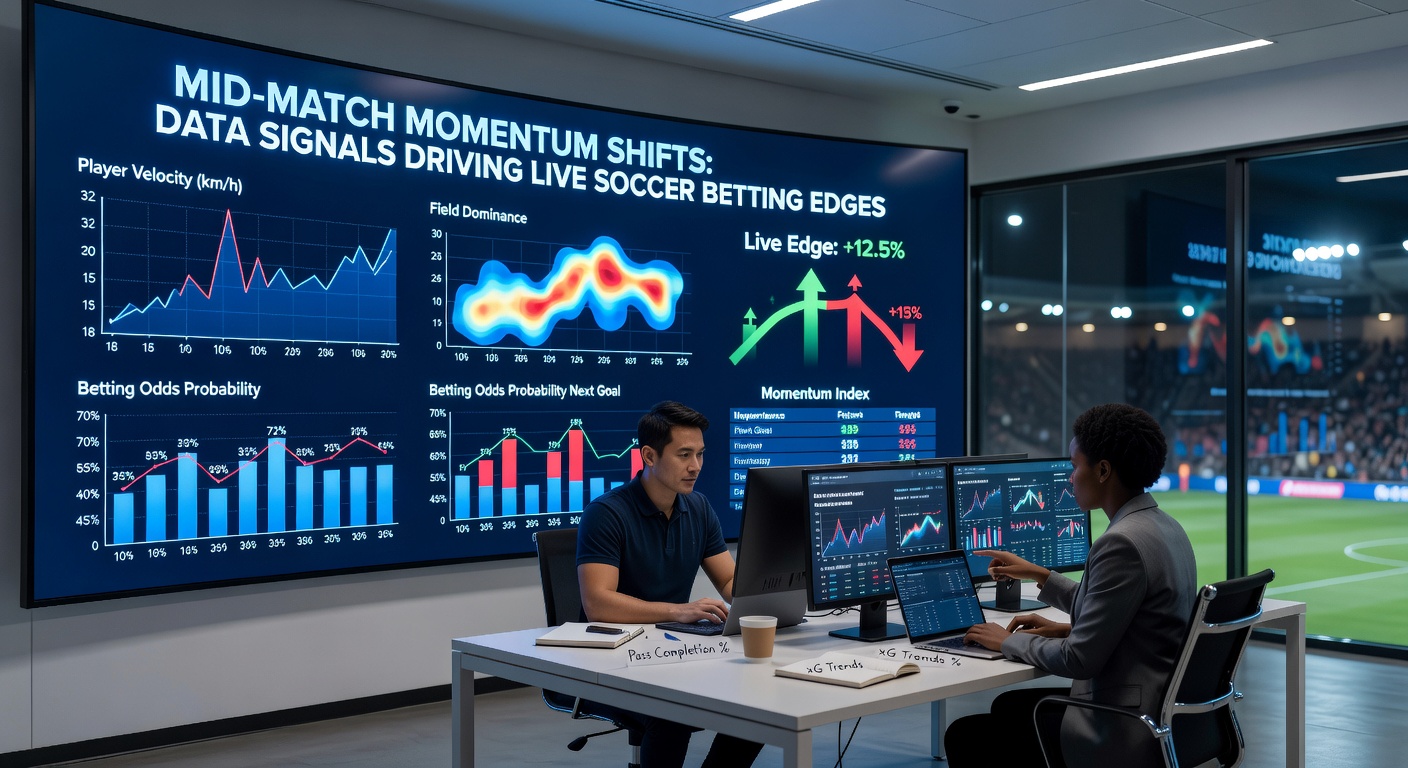 Live soccer betting dashboard overlayed with momentum data signals, showing xG spikes and possession charts during a match