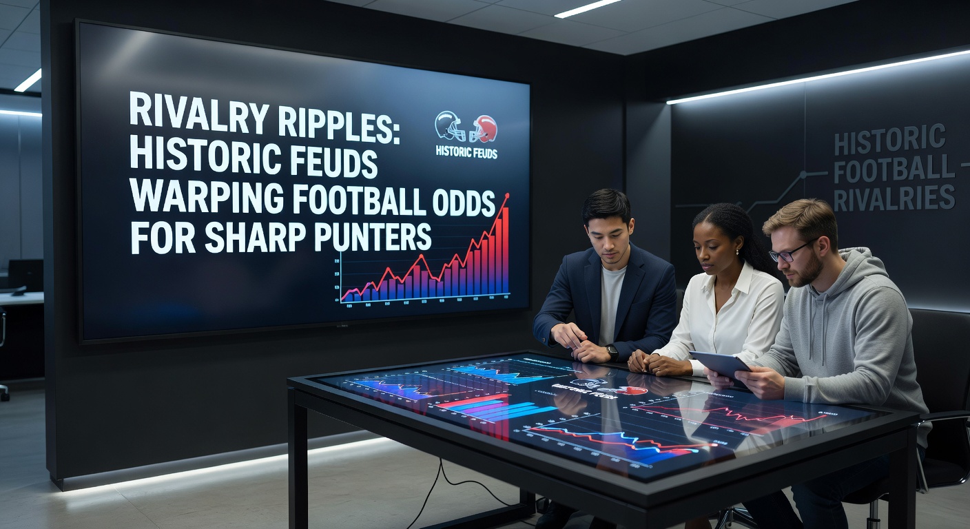 Bookmakers adjusting odds on screens during a high-stakes rivalry match, illustrating market distortions from historic tensions