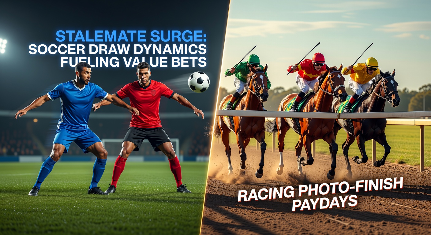 A tense soccer match ending in a draw with players shaking hands, overlaid with a close horse race photo-finish at the wire