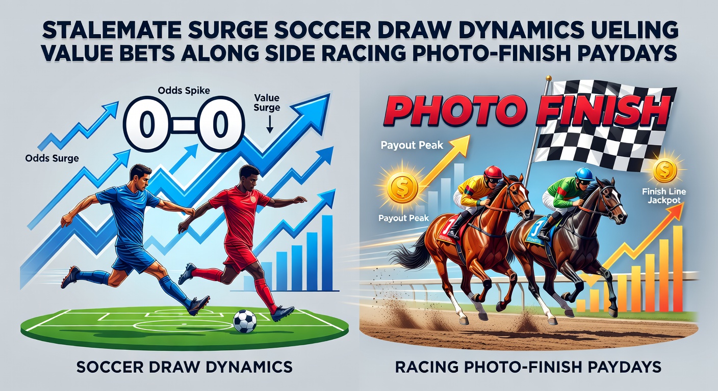 Horse racing photo-finish image showing necks apart at the line, with excited crowd and tote board displaying high odds payouts