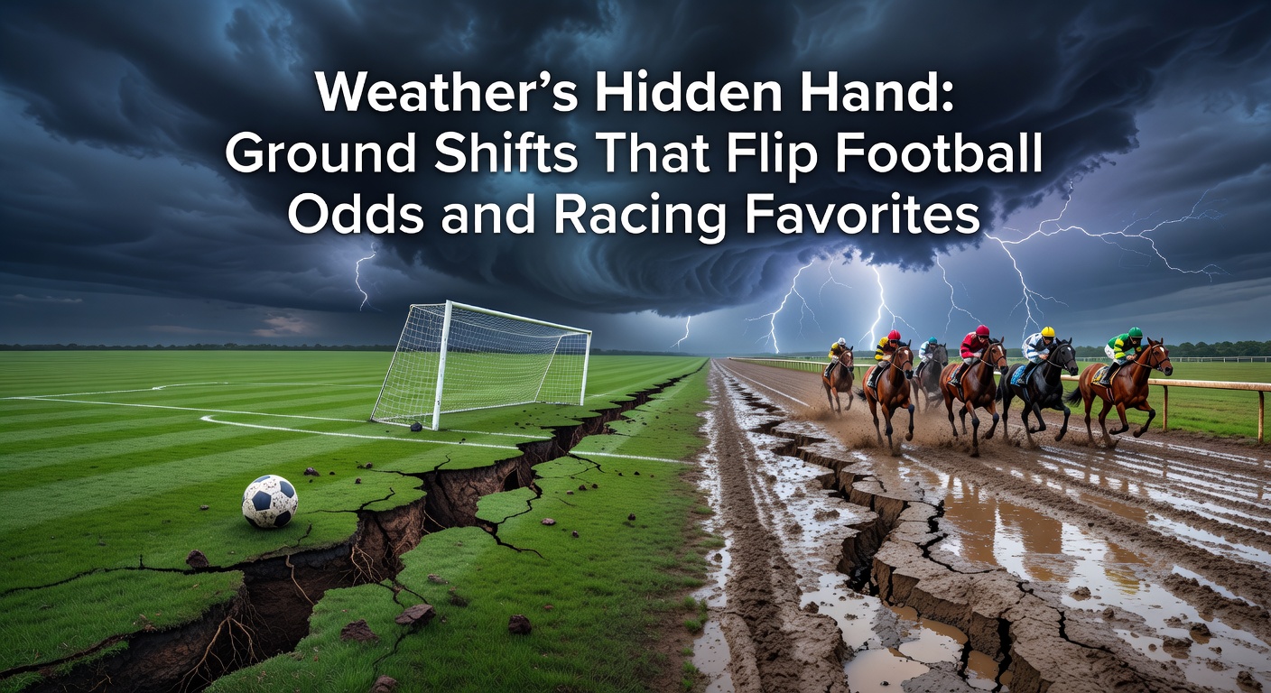 A rain-soaked football pitch during a match, with players slipping on the wet surface while dark clouds loom overhead, highlighting how weather alters ground conditions and game dynamics