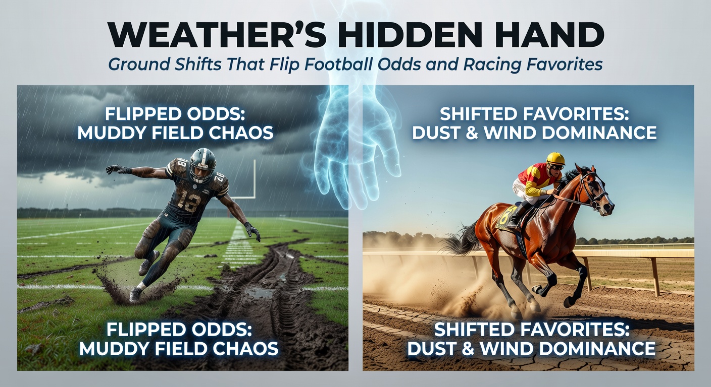 A horse racing track turned muddy after heavy rain, with horses splashing through puddles during a jumps race, illustrating how altered ground conditions upend favorites and create betting opportunities