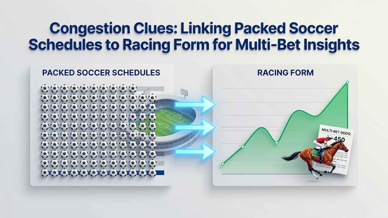 Soccer pitch with congested fixture list overlay and horse racing form charts side by side