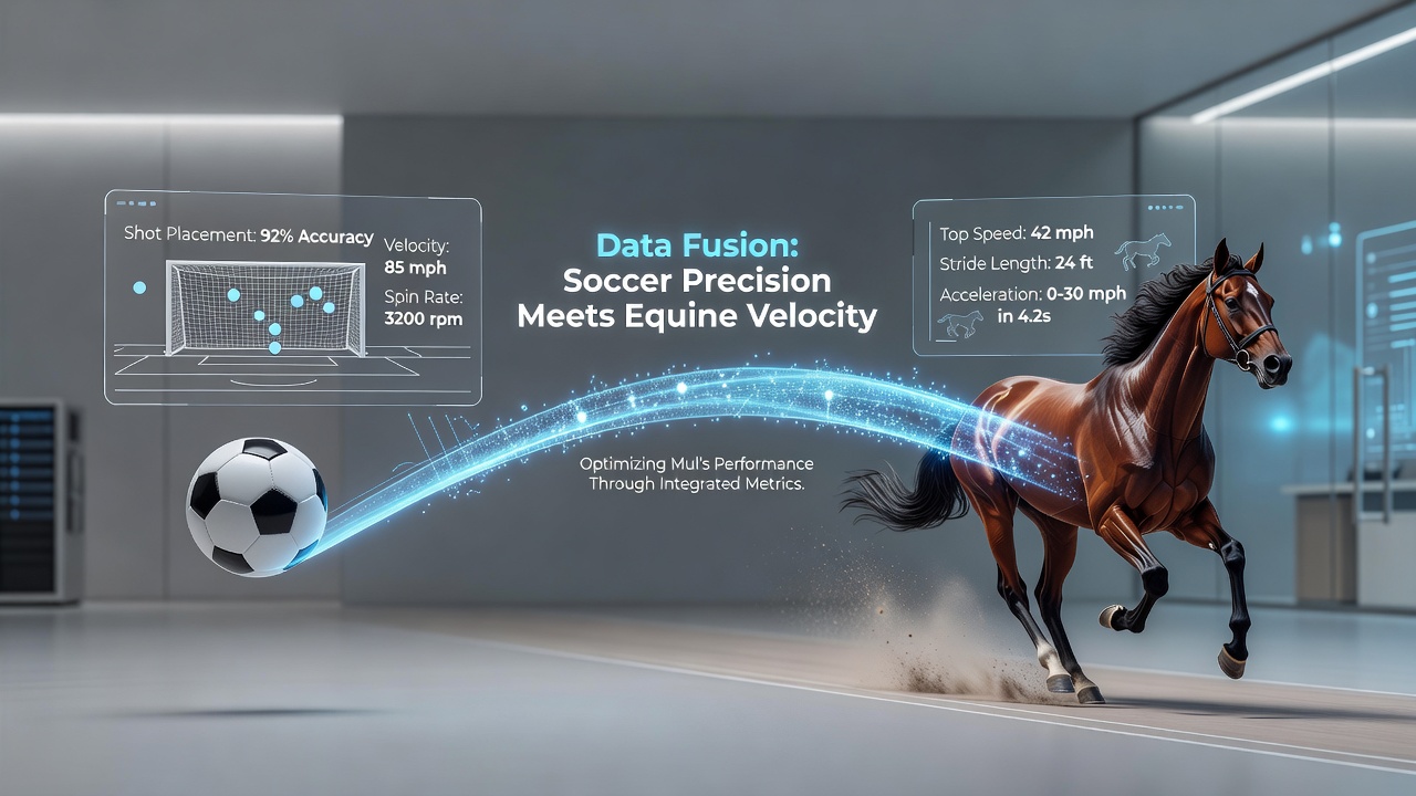 Illustration of overlaid data charts showing soccer shot accuracy trends alongside thoroughbred sprint sectional times