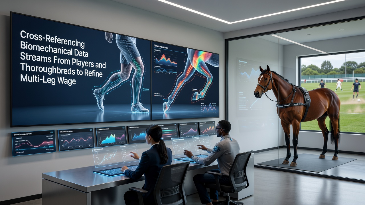 Dashboard showing integrated biomechanical metrics for soccer and horse racing events in accumulator construction