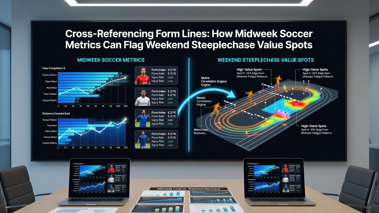 Steeplechase racing form overlaid with soccer performance metrics on a digital analysis dashboard