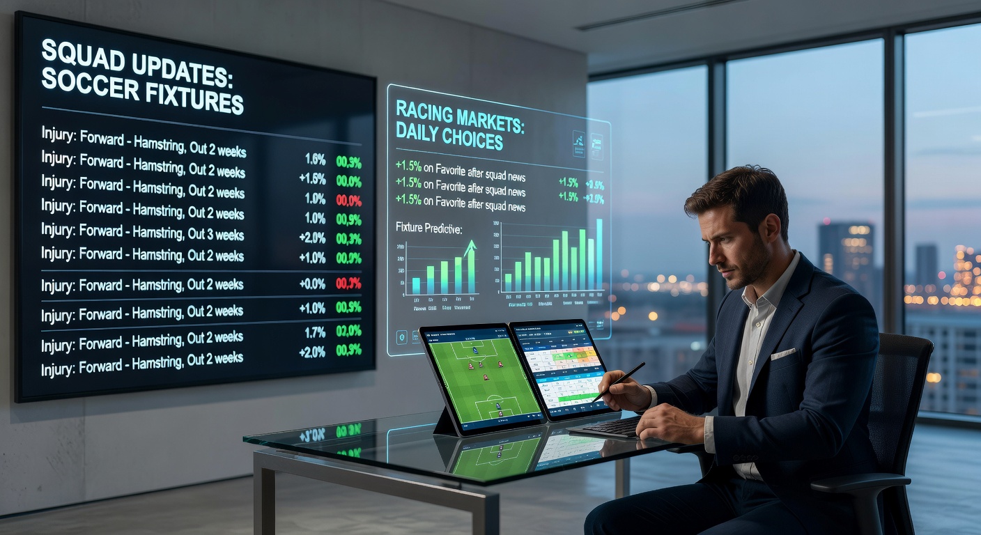 Soccer team lineup announcement displayed alongside horse racing odds board in a modern betting facility