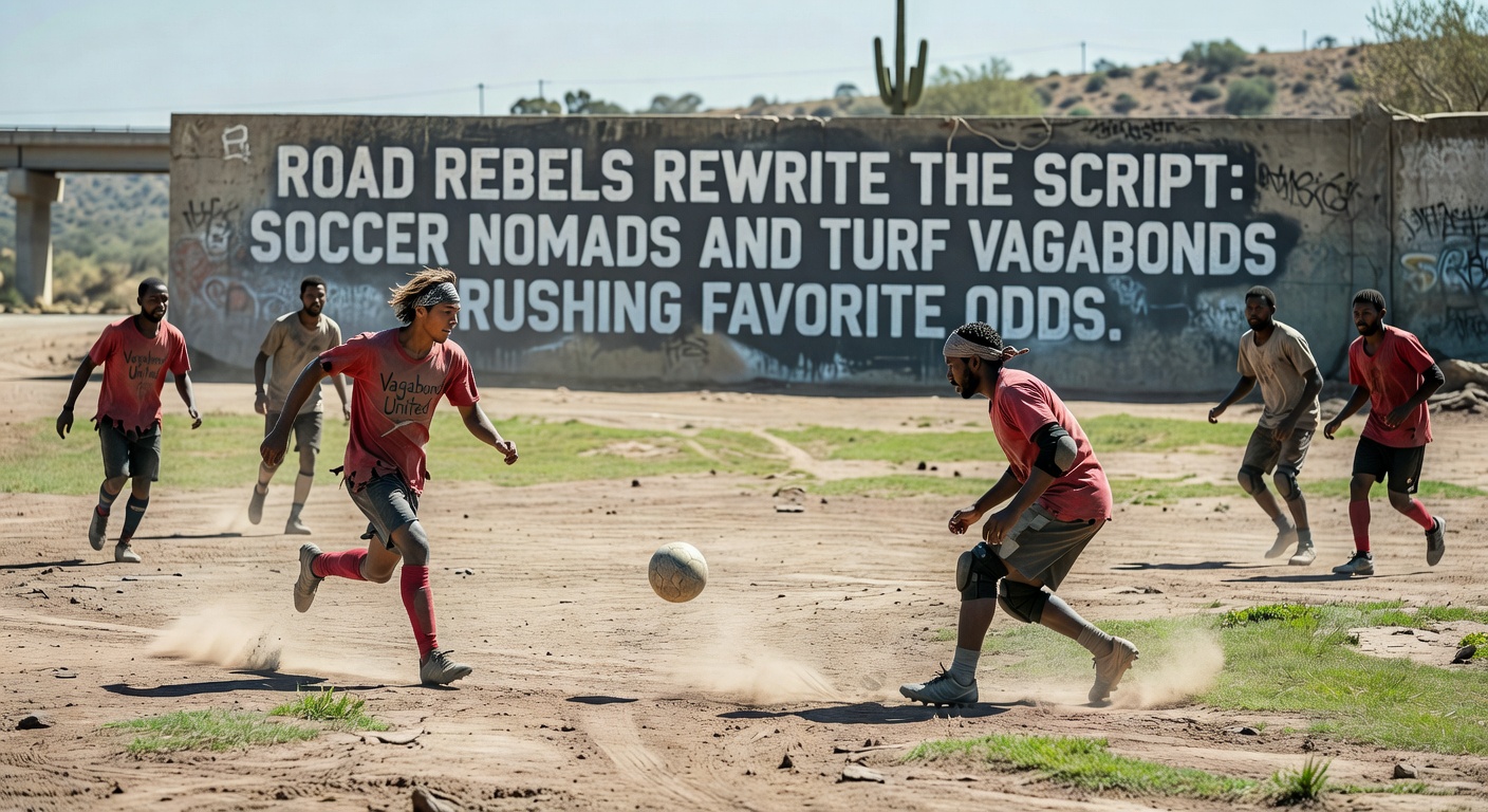 A soccer team bus on a highway merging with a horse trailer, evoking the nomadic spirit of away challengers defying odds