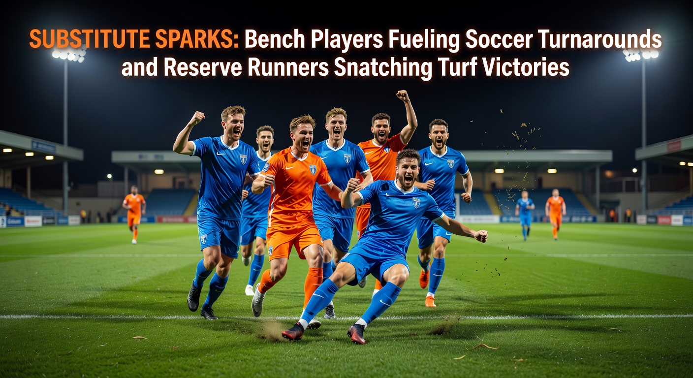 Soccer substitute celebrating a late goal as teammates rush in, with a horse racing reserve surging ahead on turf in the background