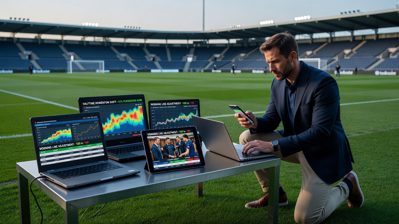 Split screen showing live soccer statistics dashboard next to horse racing morning line changes