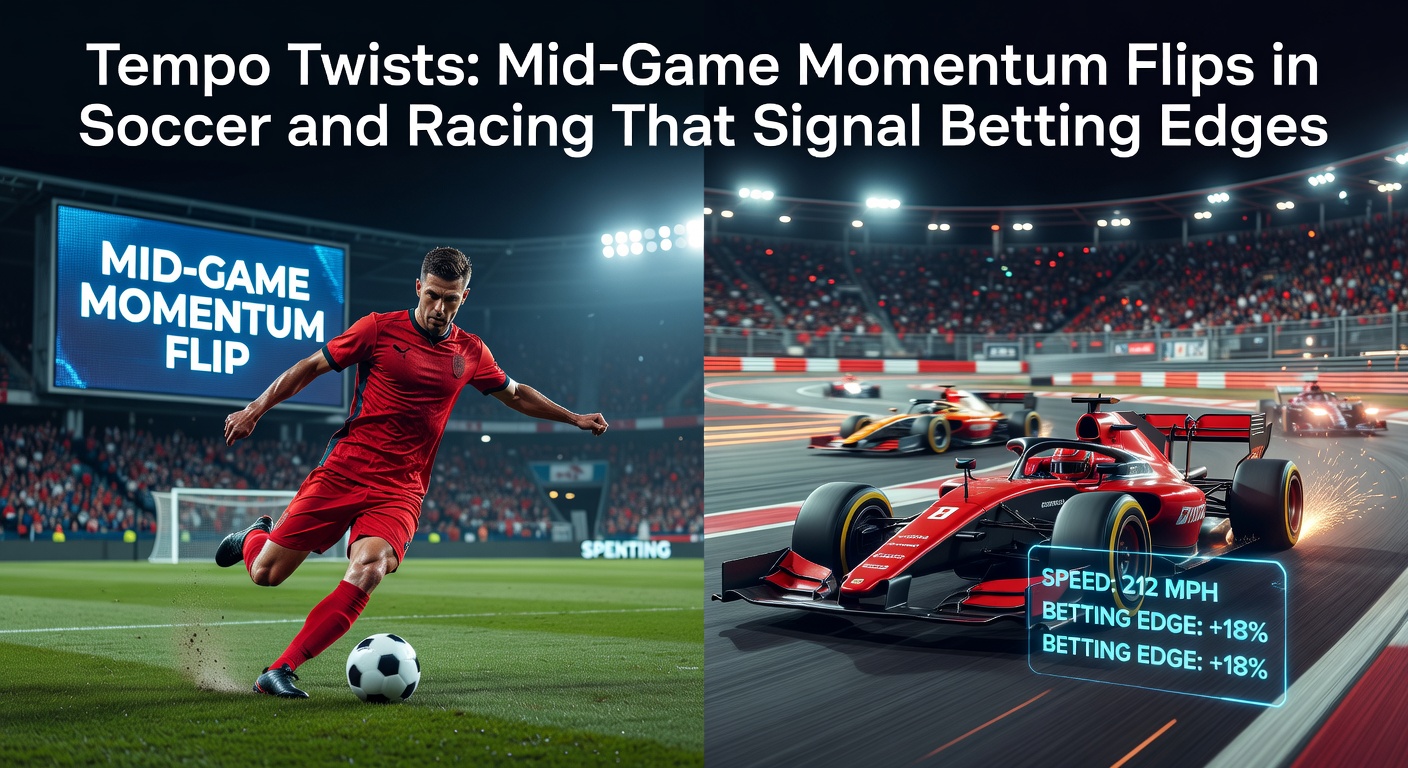 Soccer players battling for possession mid-match as momentum shifts visibly alter the game's tempo, with a racer trailing closely in pursuit during a high-stakes horse race