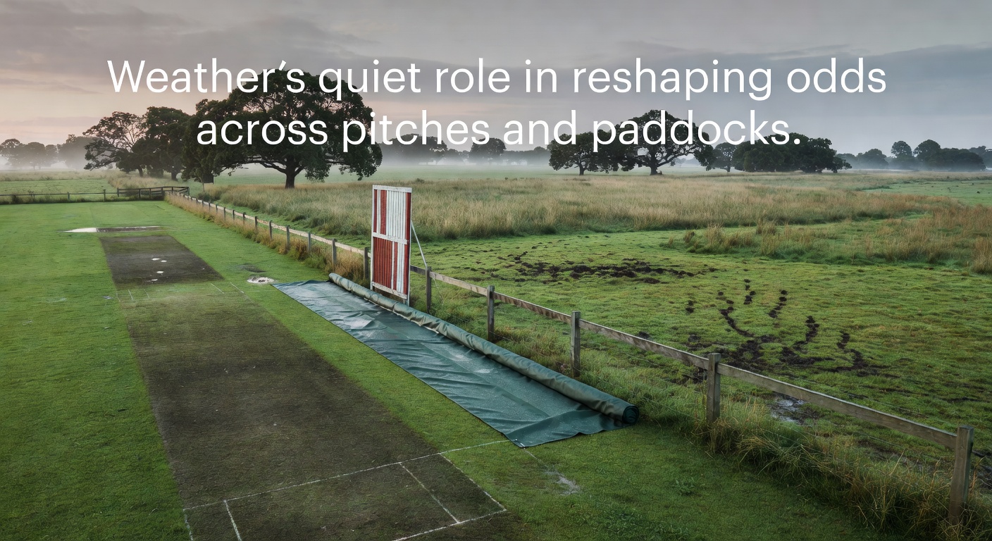 Horse racing paddock under changing weather conditions with visible track moisture