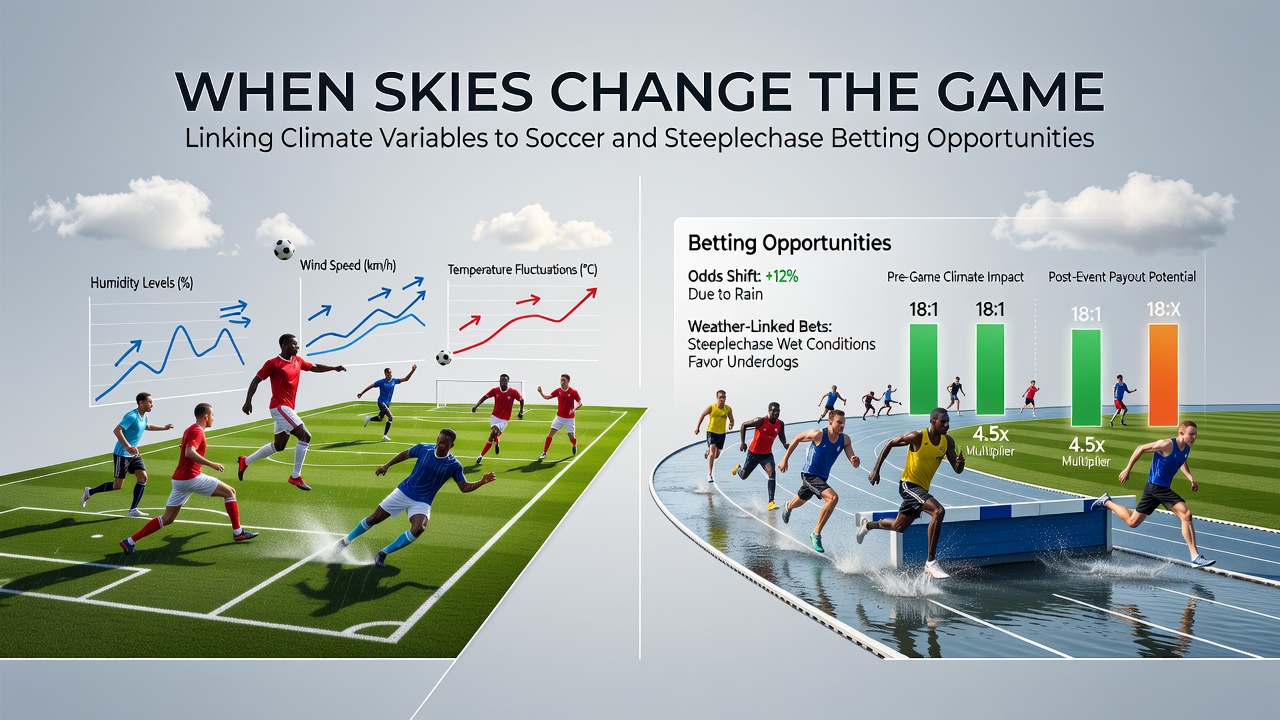 Split image showing weather radar overlay on a soccer stadium and a steeplechase course with temperature and rainfall data displayed